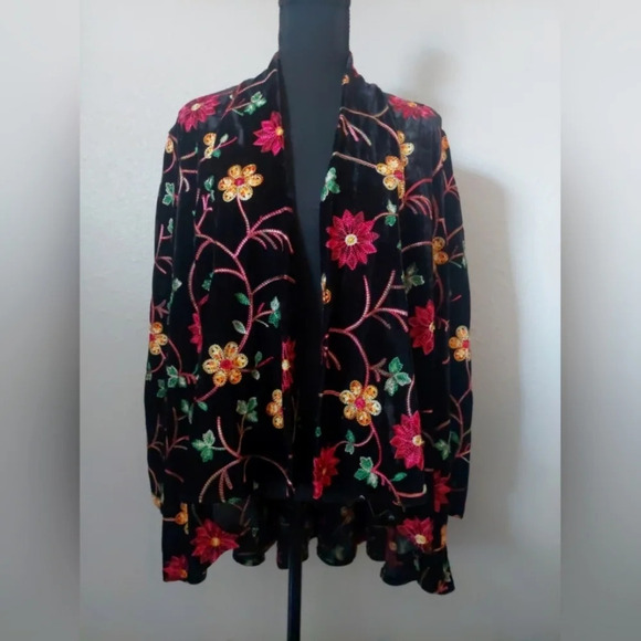 Velvet Floral Embroidered Cardigan Multicolored Open Drapey 1X Whimsical - Picture 1 of 11